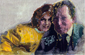 Little girl with her grand father, watercolor on canvas 12x19cm