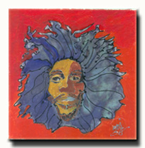 Bob Marley en lion sur fond rouge, Acrylique sur toile, 20x20cm