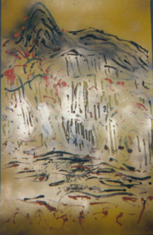 Landscape on ochre background, Acrylics on PVC, 70x100cm